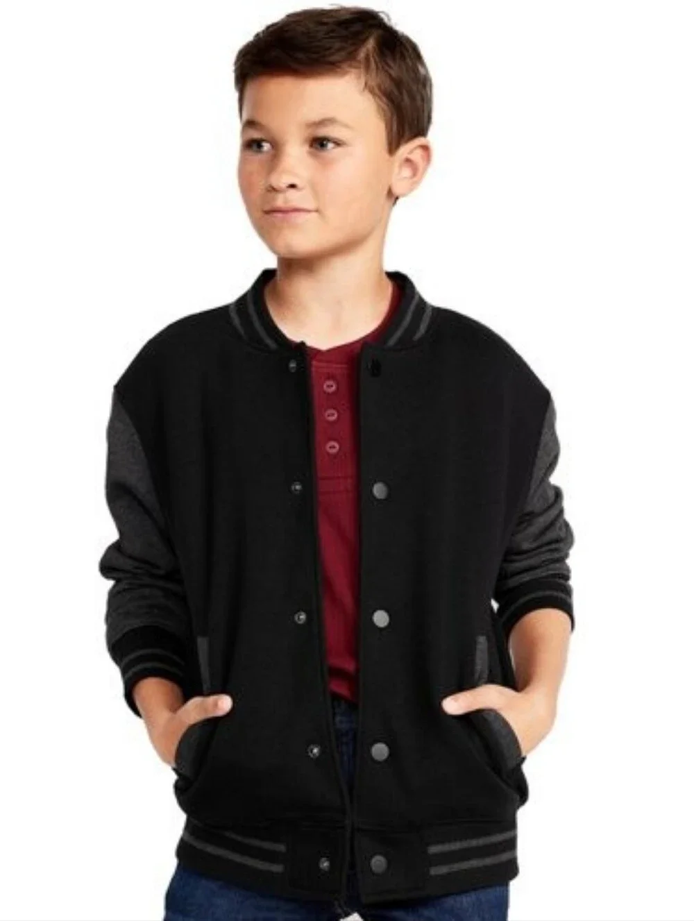 Old Navy Youth Varsity Bomber Jacket Snap Front Black & Gray | Boys XL (14/16)